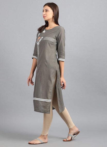W for Woman Grey Round Neck Printed kurta
