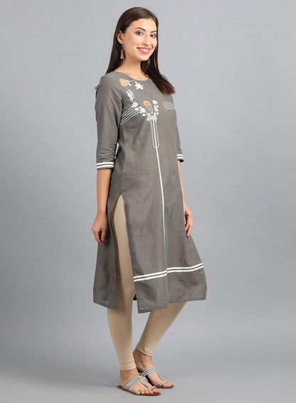 W for Woman Grey Round Neck Printed kurta