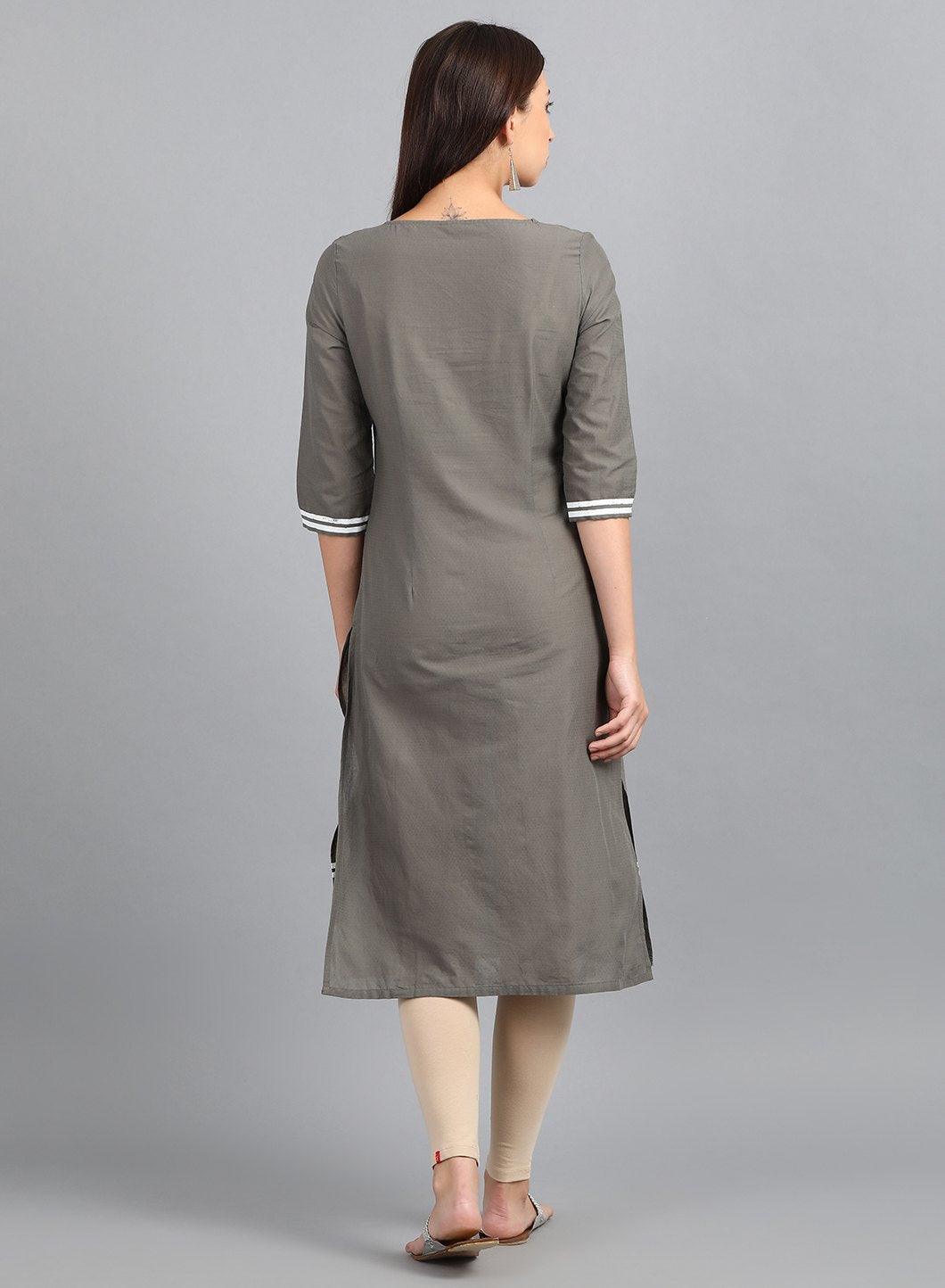 W for Woman Grey Round Neck Printed kurta