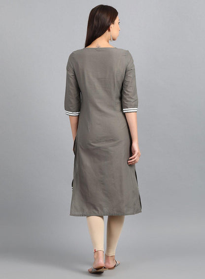 W for Woman Grey Round Neck Printed kurta