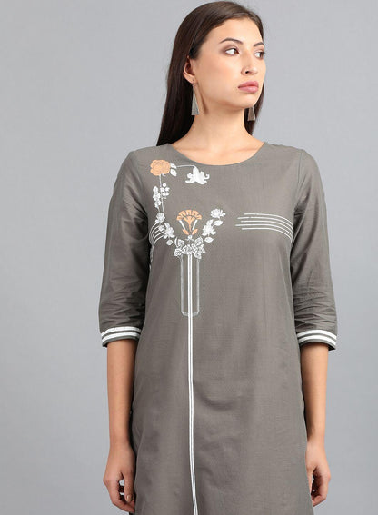 W for Woman Grey Round Neck Printed kurta