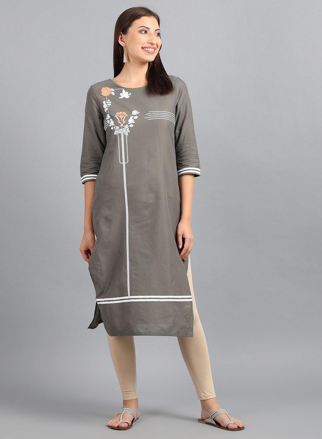 W for Woman Grey Round Neck Printed kurta