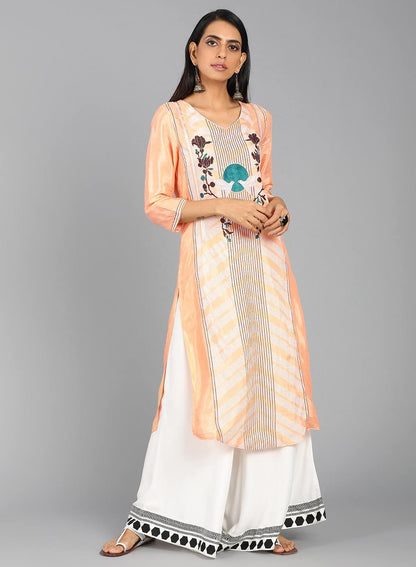 W for Woman Orange V Neck Printed kurta