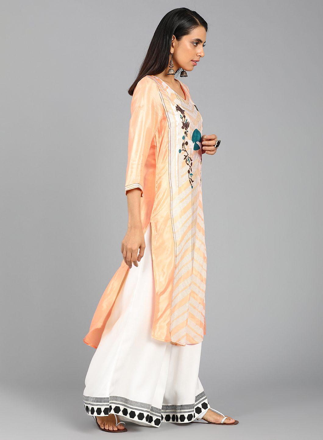 W for Woman Orange V Neck Printed kurta