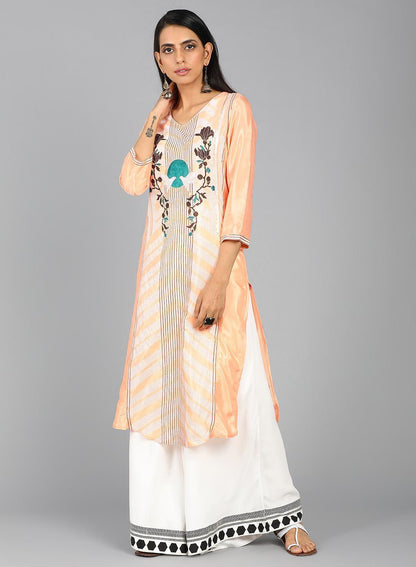 W for Woman Orange V Neck Printed kurta