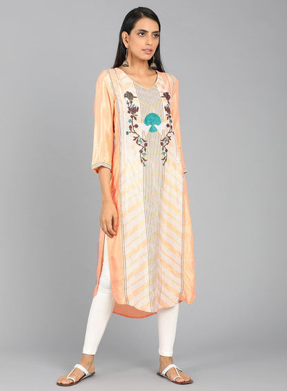W for Woman Orange V Neck Printed kurta