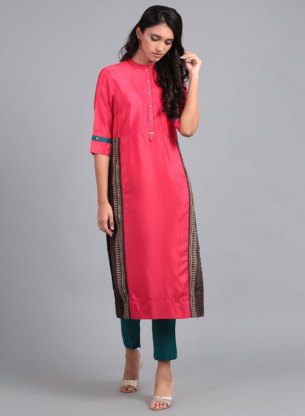 W for Woman Pink Mandarin Neck French Crepe kurta