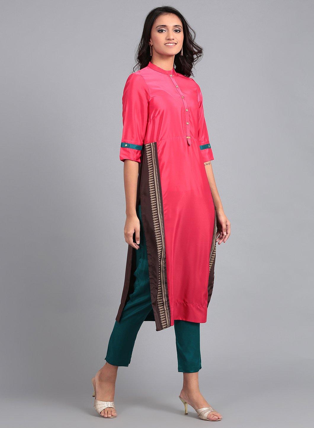 W for Woman Pink Mandarin Neck French Crepe kurta