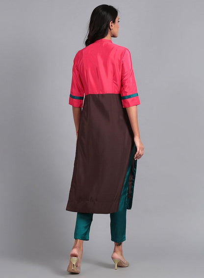 W for Woman Pink Mandarin Neck French Crepe kurta