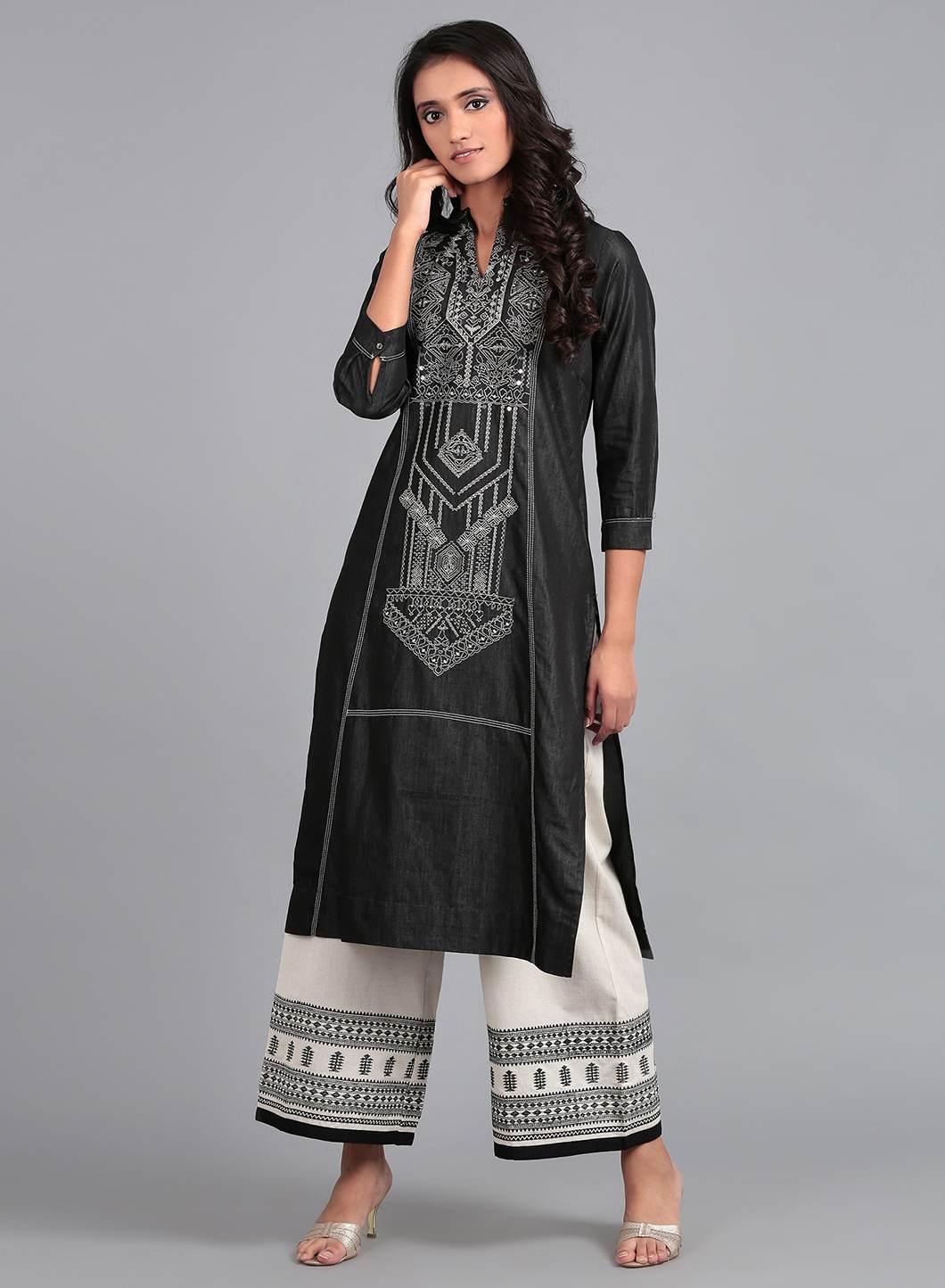 W for Woman Blue Mandarin Neck Denim kurta