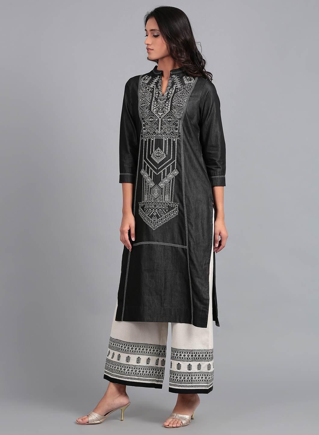 W for Woman Blue Mandarin Neck Denim kurta