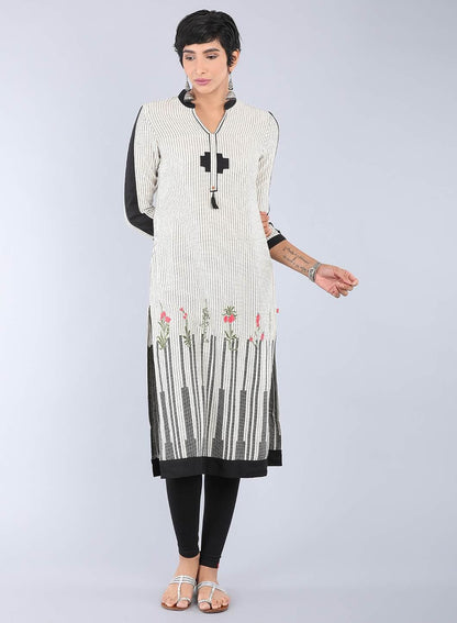 W for Woman Beige Mandarin Neck Printed kurta