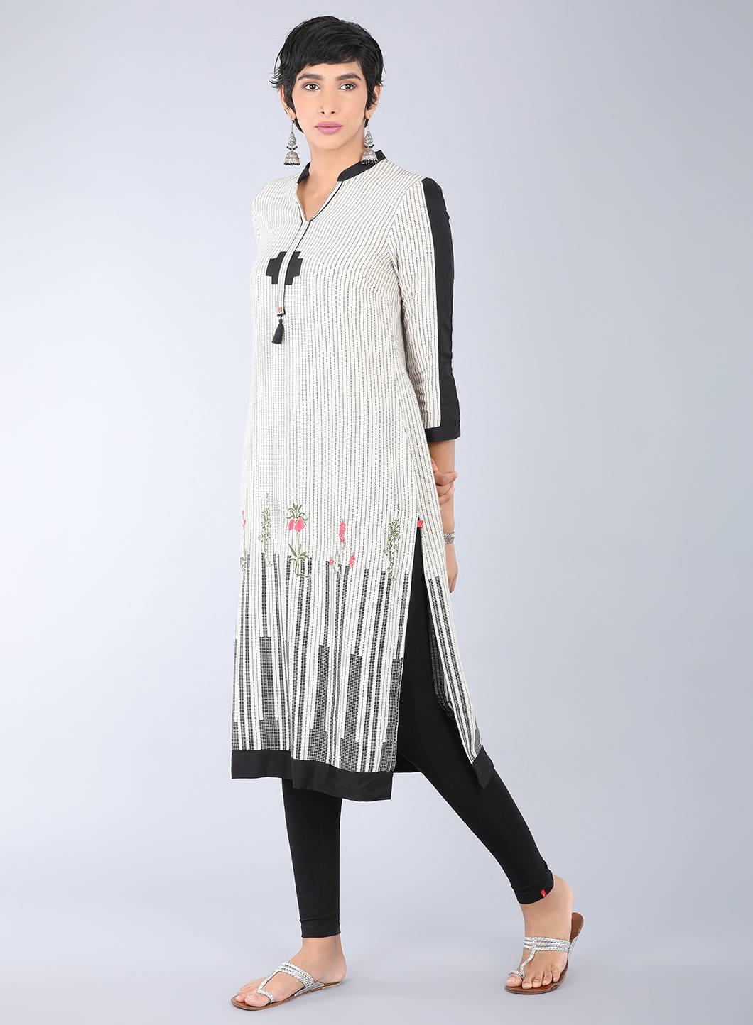 W for Woman Beige Mandarin Neck Printed kurta