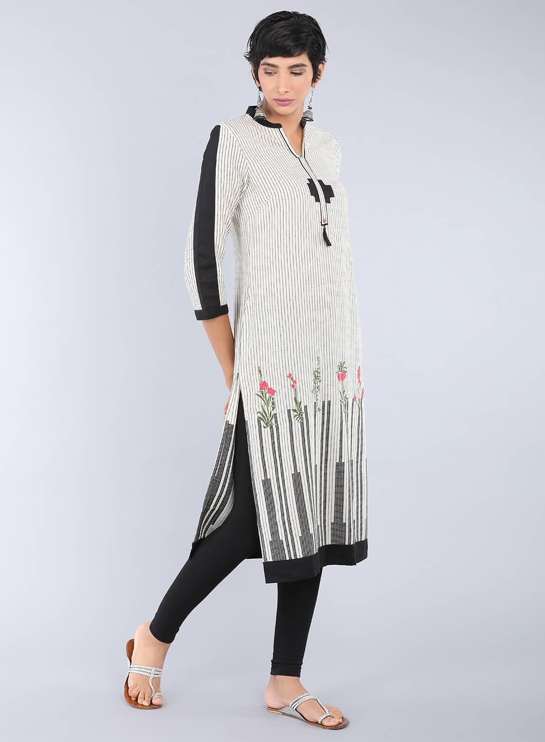 W for Woman Beige Mandarin Neck Printed kurta