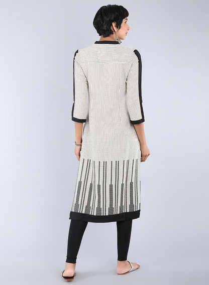 W for Woman Beige Mandarin Neck Printed kurta
