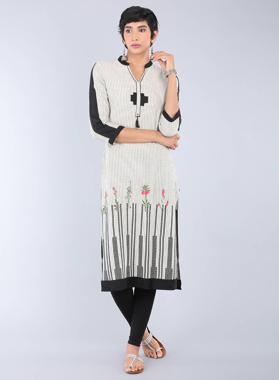 W for Woman Beige Mandarin Neck Printed kurta