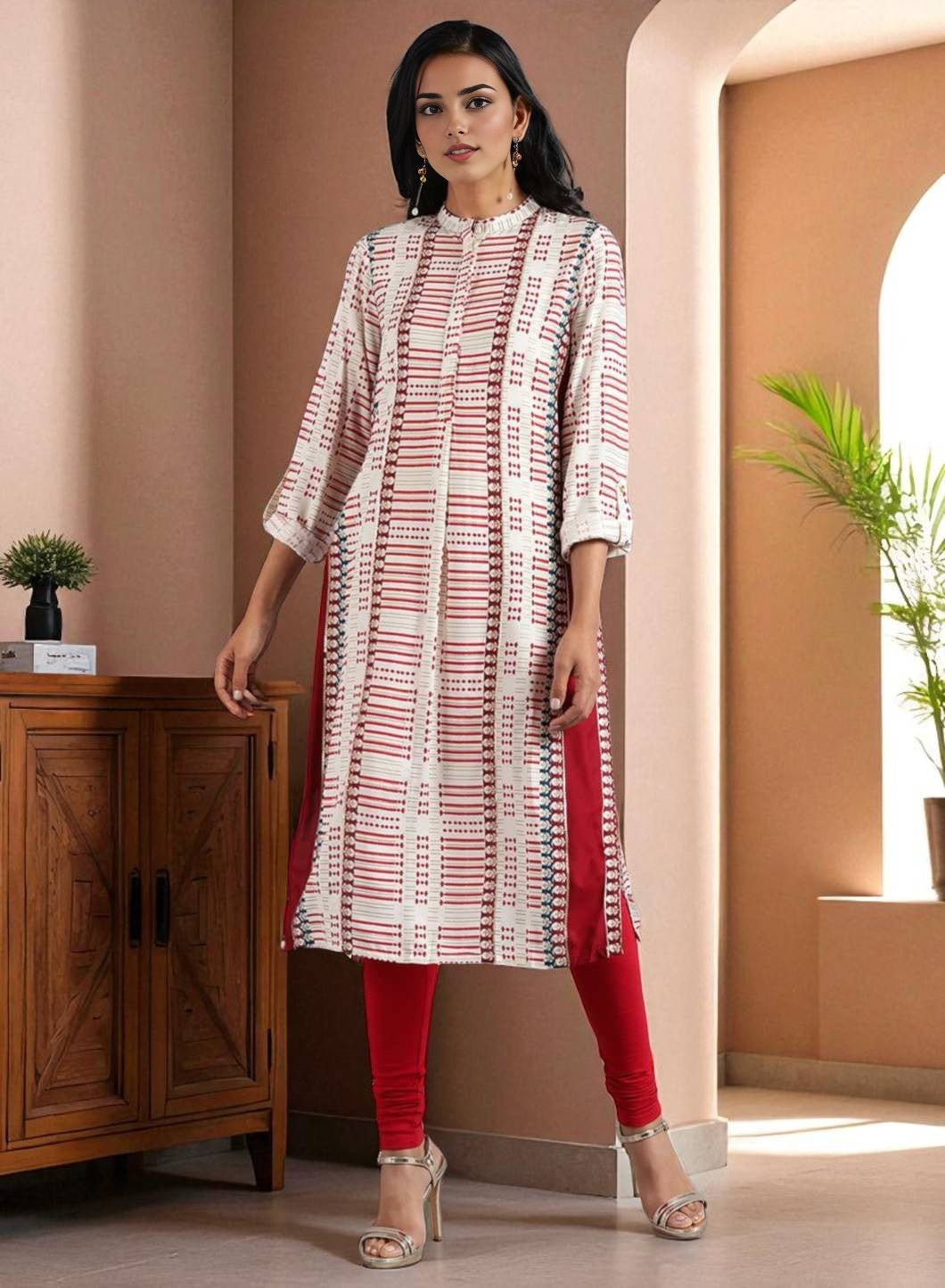 W for Woman White & Red Mandarin Neck Printed kurta