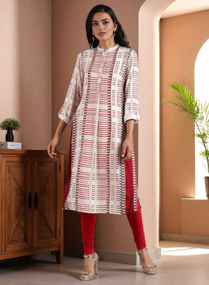 W for Woman White & Red Mandarin Neck Printed kurta