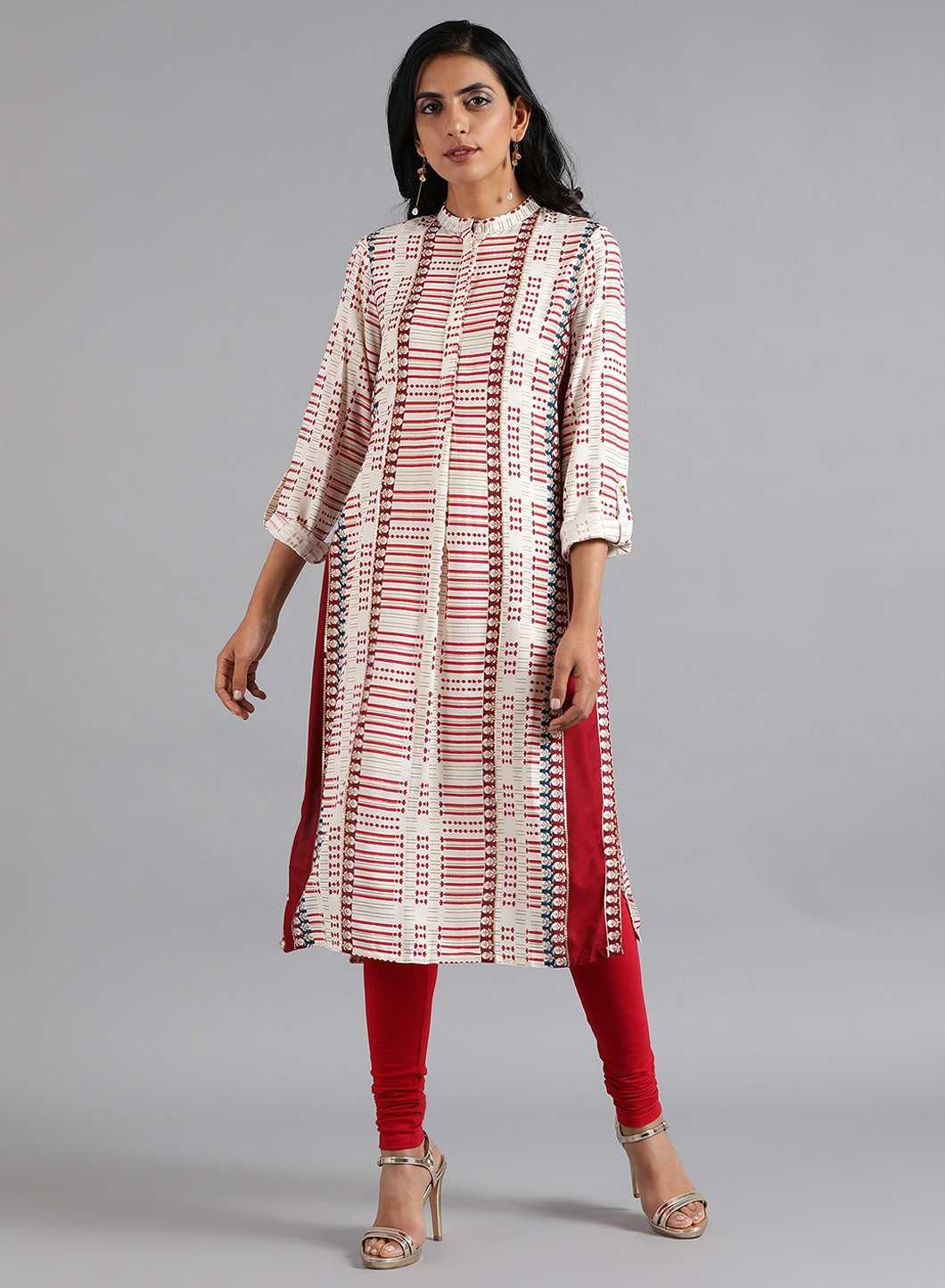 W for Woman White & Red Mandarin Neck Printed kurta