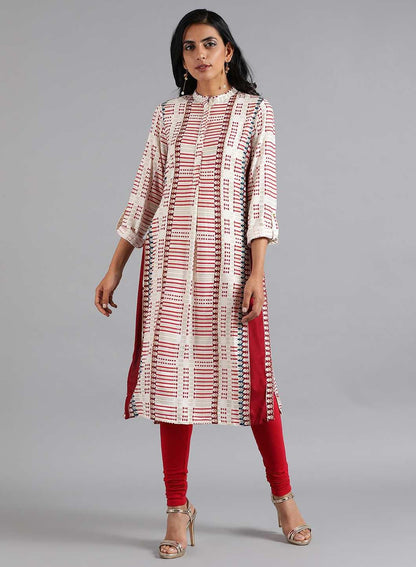 W for Woman White & Red Mandarin Neck Printed kurta