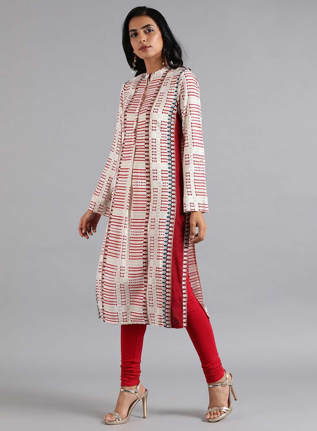 W for Woman White & Red Mandarin Neck Printed kurta