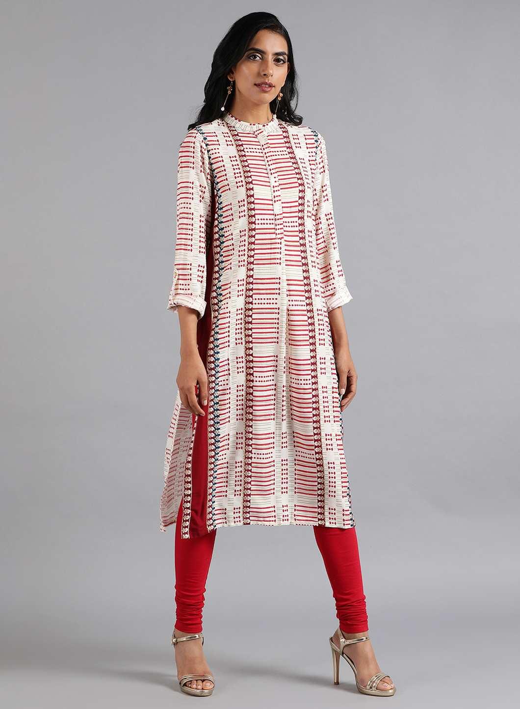 W for Woman White & Red Mandarin Neck Printed kurta