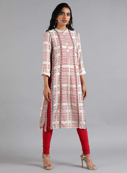 W for Woman White & Red Mandarin Neck Printed kurta