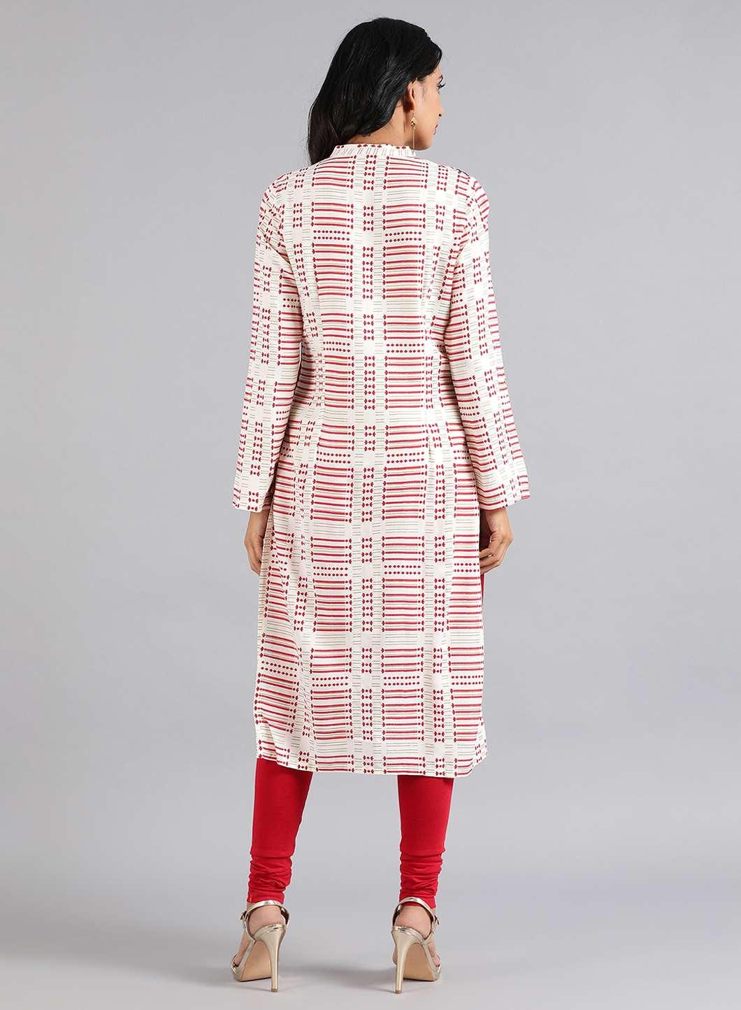 W for Woman White & Red Mandarin Neck Printed kurta