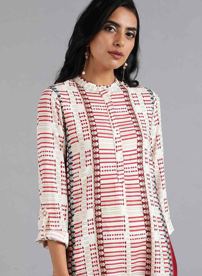 W for Woman White & Red Mandarin Neck Printed kurta