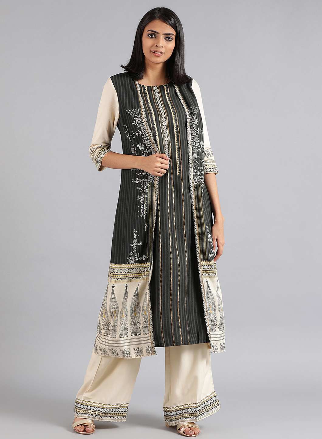 W for Woman Grey Round Neck Khadi Print kurta