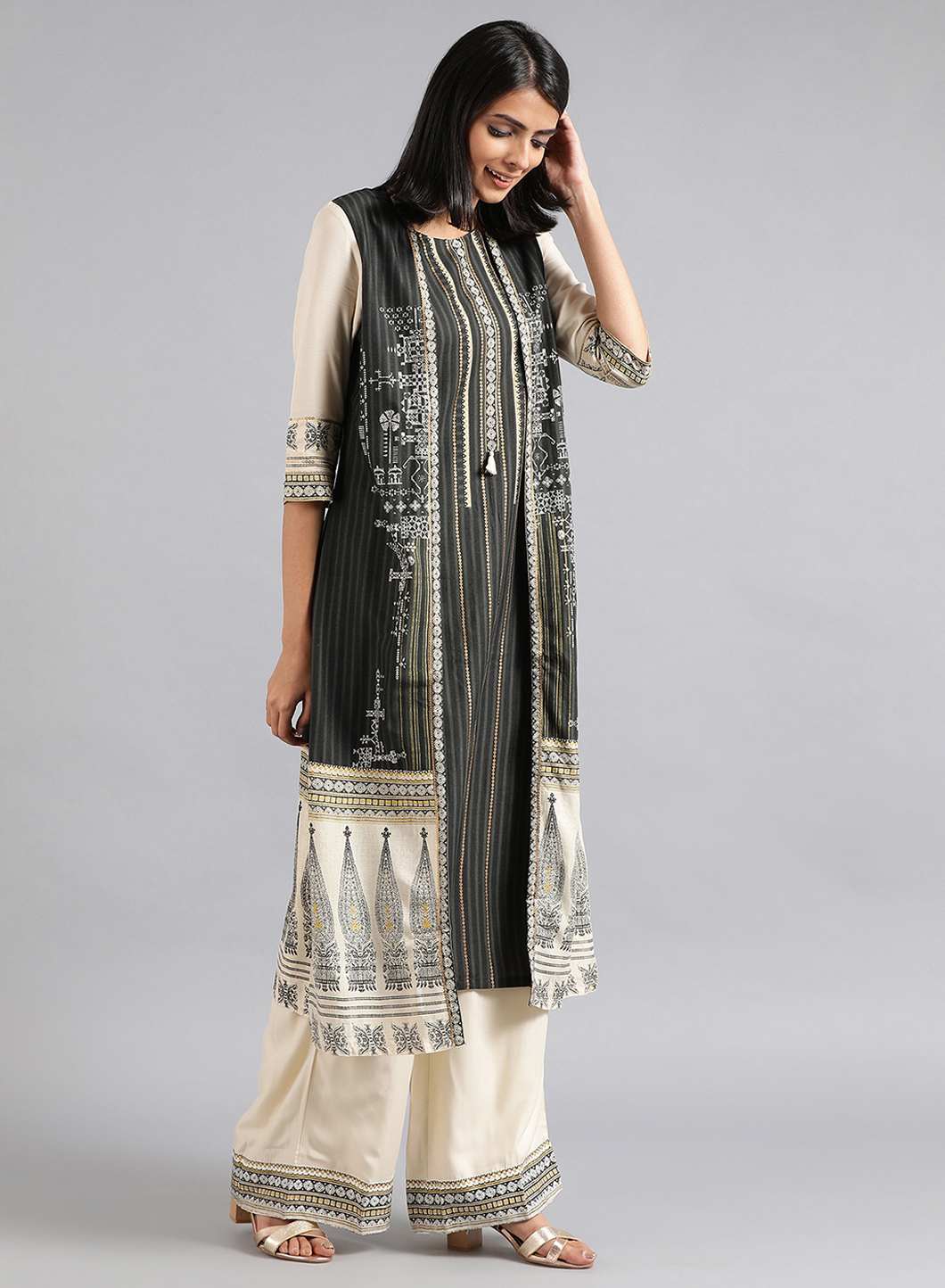 W for Woman Grey Round Neck Khadi Print kurta