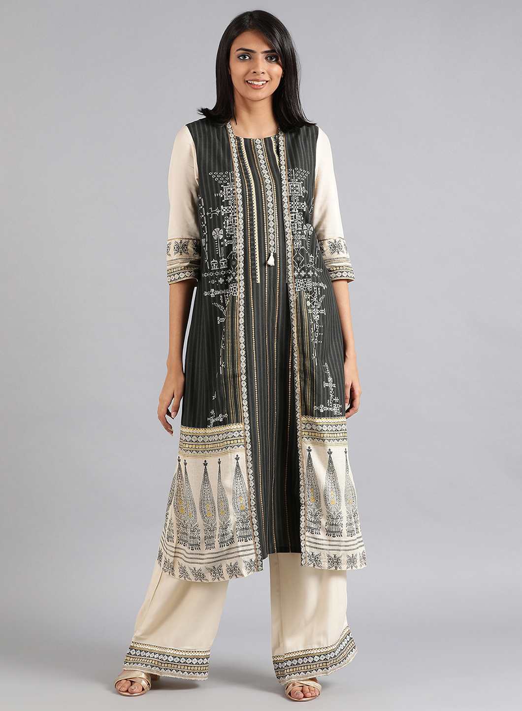 W for Woman Grey Round Neck Khadi Print kurta