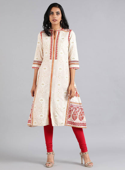 W for Woman Ecru & Pink Mandarin Neck kurta