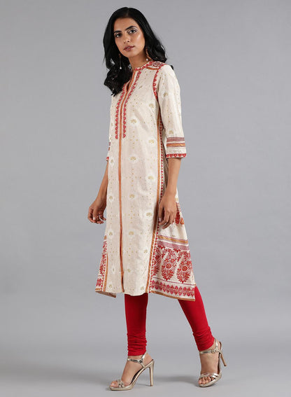 W for Woman Ecru & Pink Mandarin Neck kurta