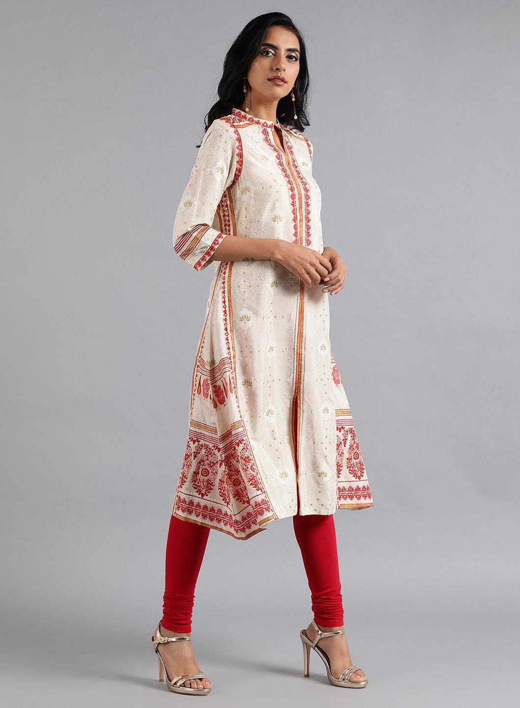 W for Woman Ecru & Pink Mandarin Neck kurta