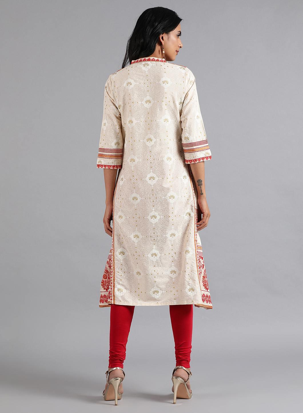 W for Woman Ecru & Pink Mandarin Neck kurta