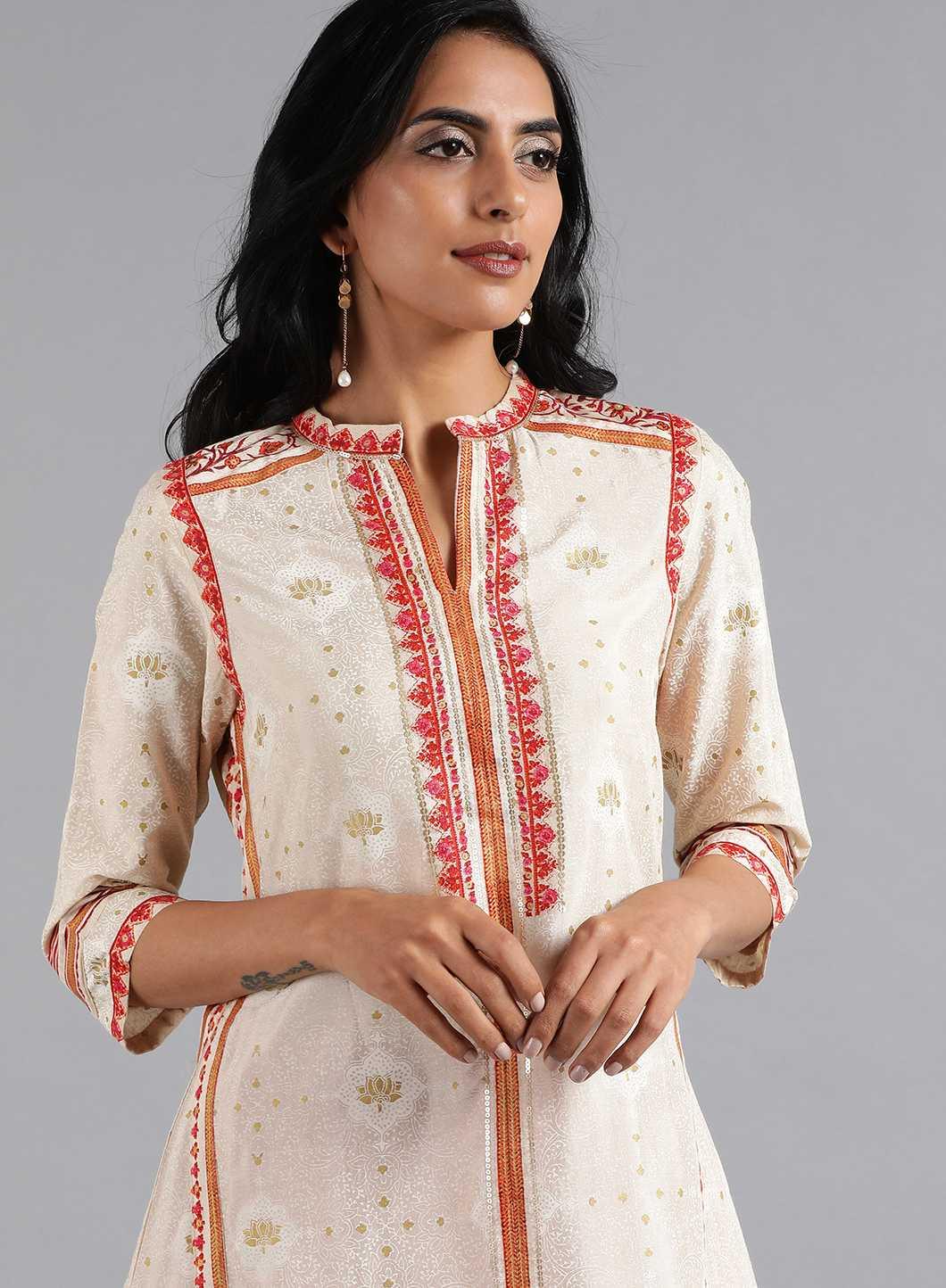 W for Woman Ecru & Pink Mandarin Neck kurta