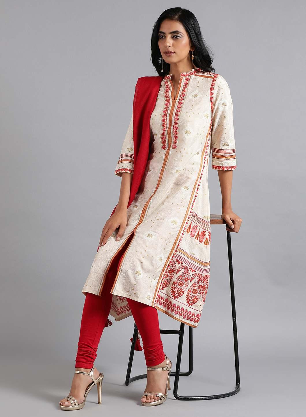 W for Woman Ecru & Pink Mandarin Neck kurta