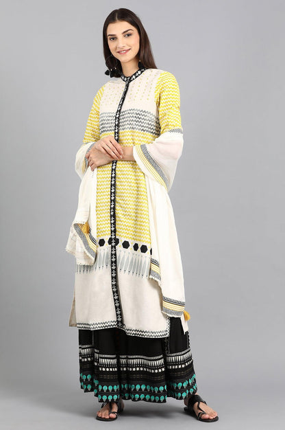 W for Woman Off-White & Yellow Mandarin Neck kurta