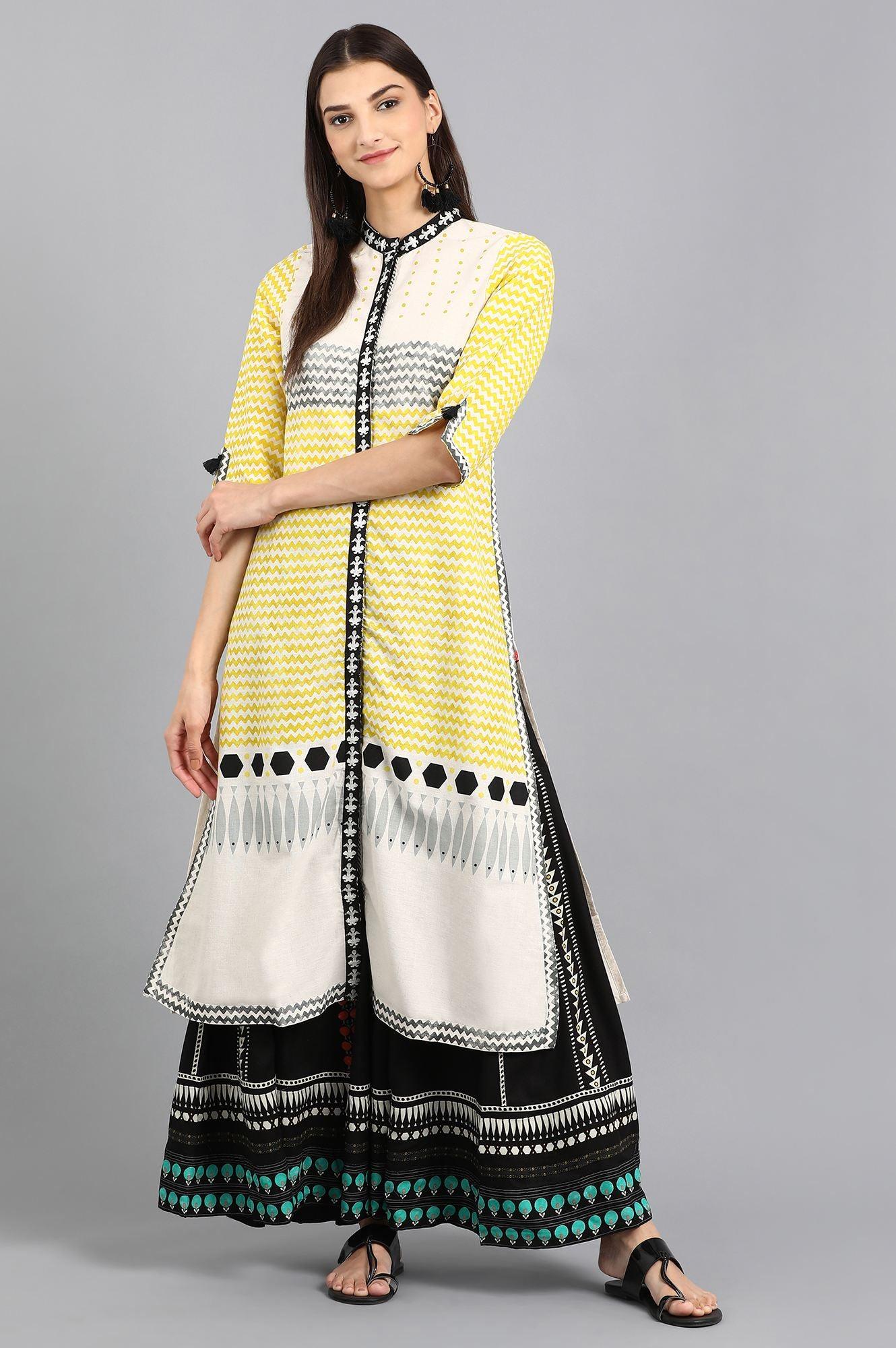 W for Woman Off-White & Yellow Mandarin Neck kurta