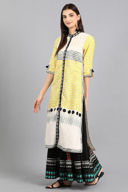 W for Woman Off-White & Yellow Mandarin Neck kurta