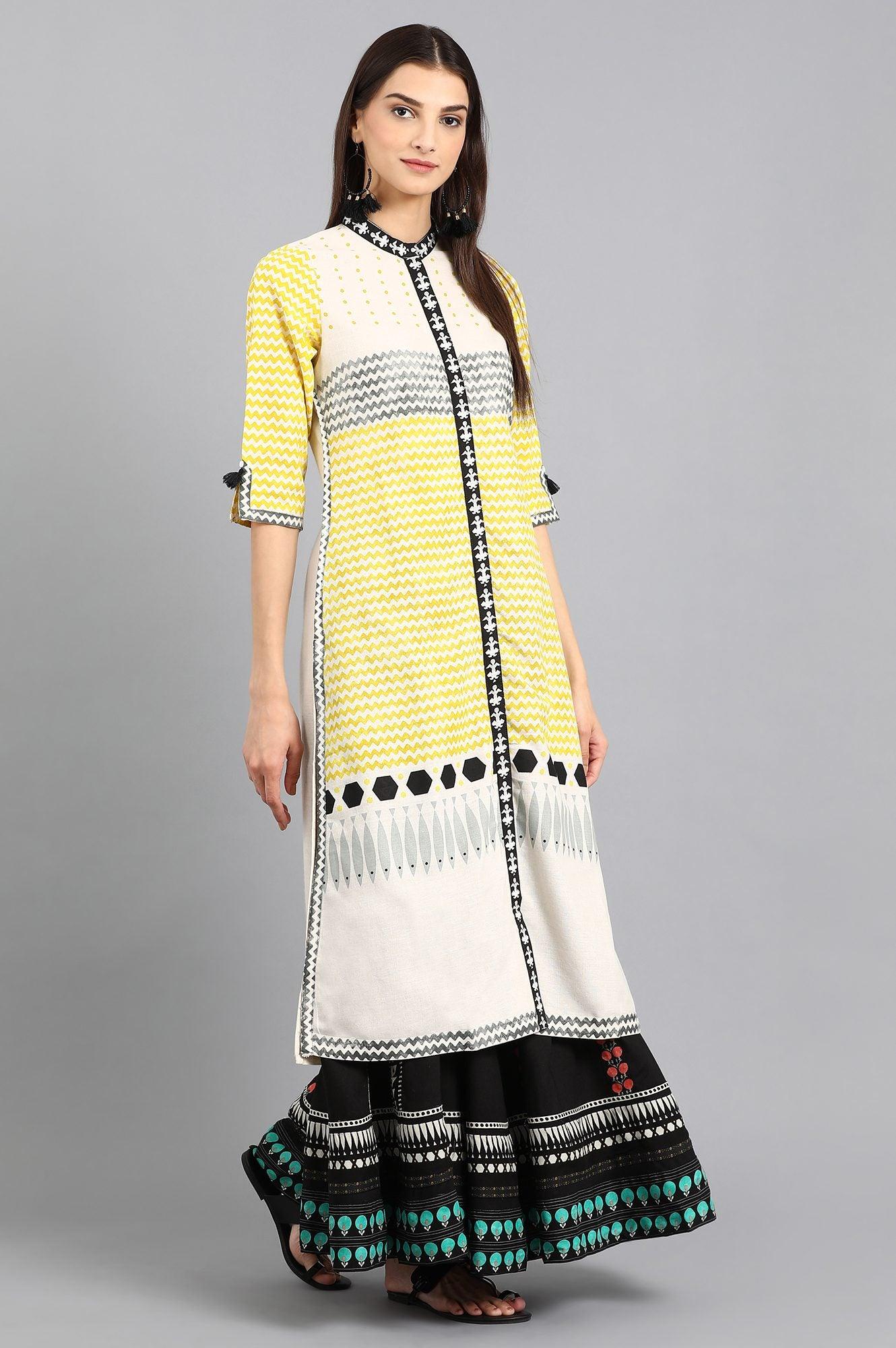 W for Woman Off-White & Yellow Mandarin Neck kurta
