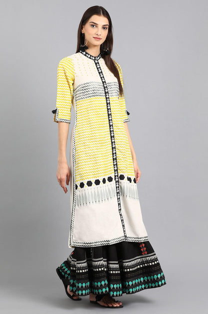 W for Woman Off-White & Yellow Mandarin Neck kurta