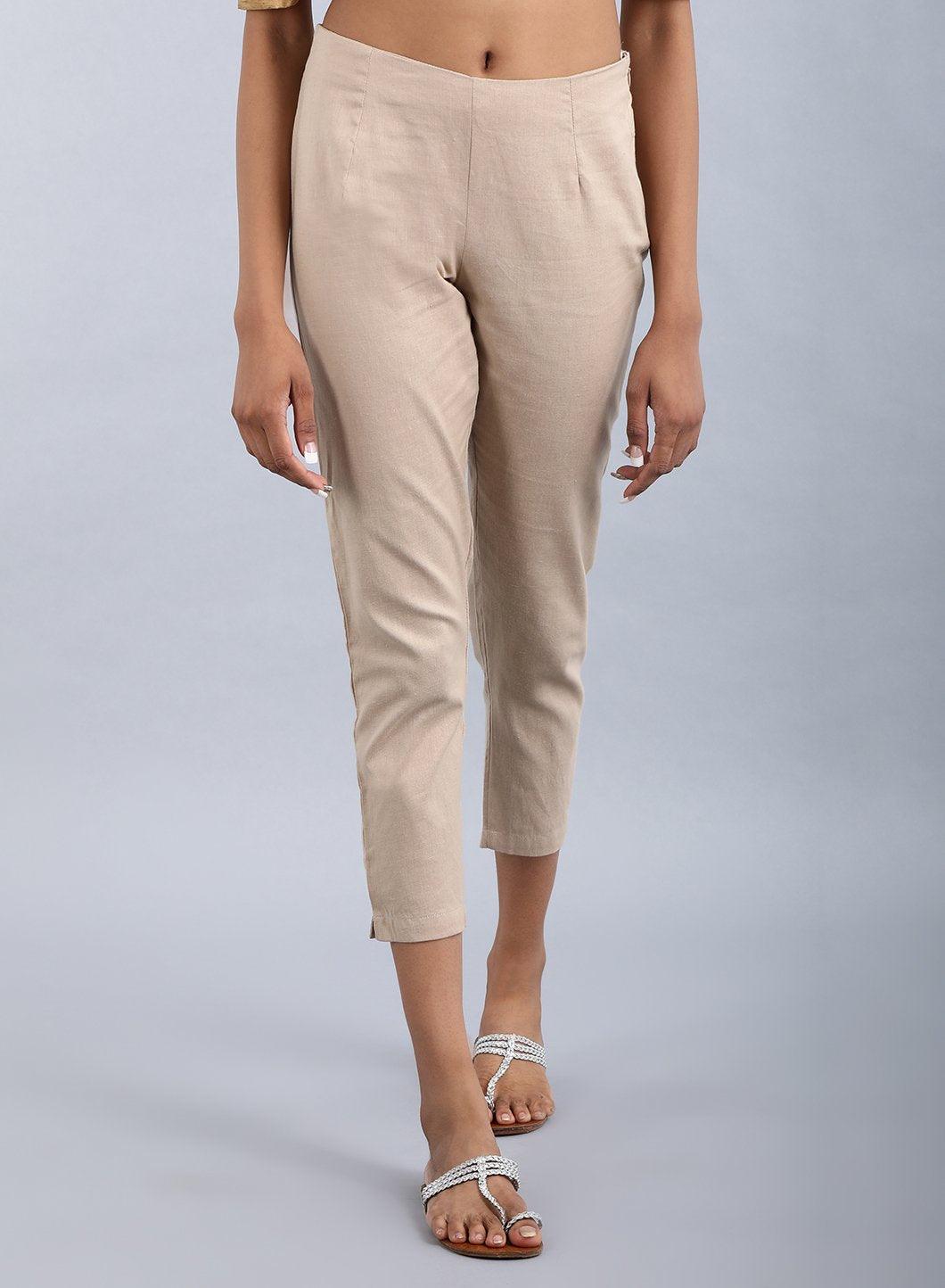 W for Woman Beige Ankle-Length Trousers