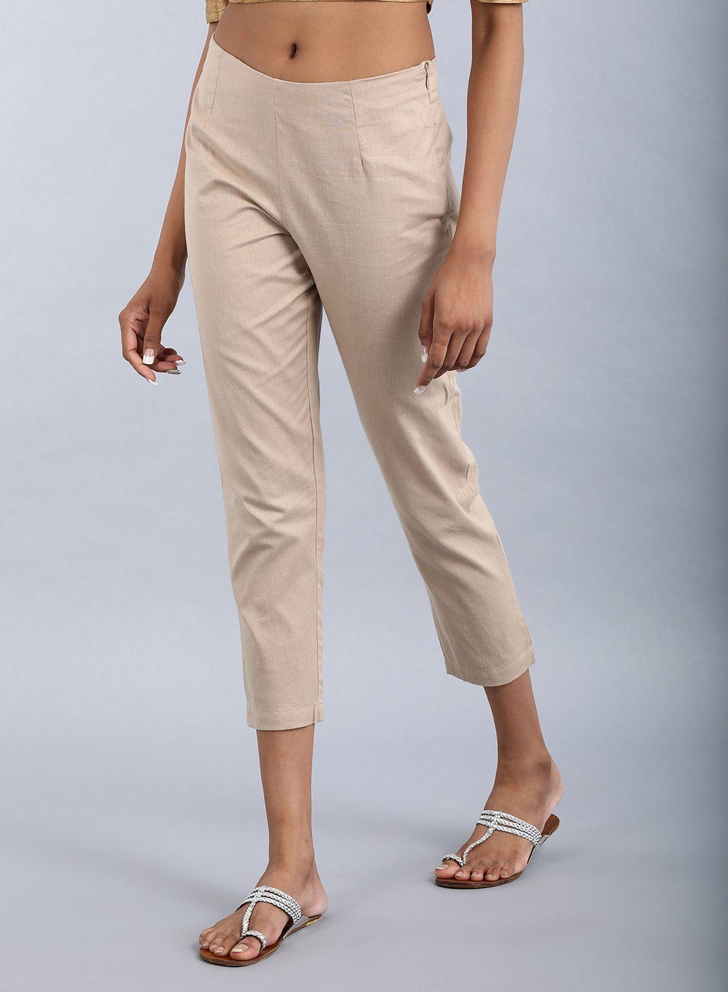 W for Woman Beige Ankle-Length Trousers