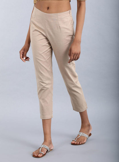 W for Woman Beige Ankle-Length Trousers