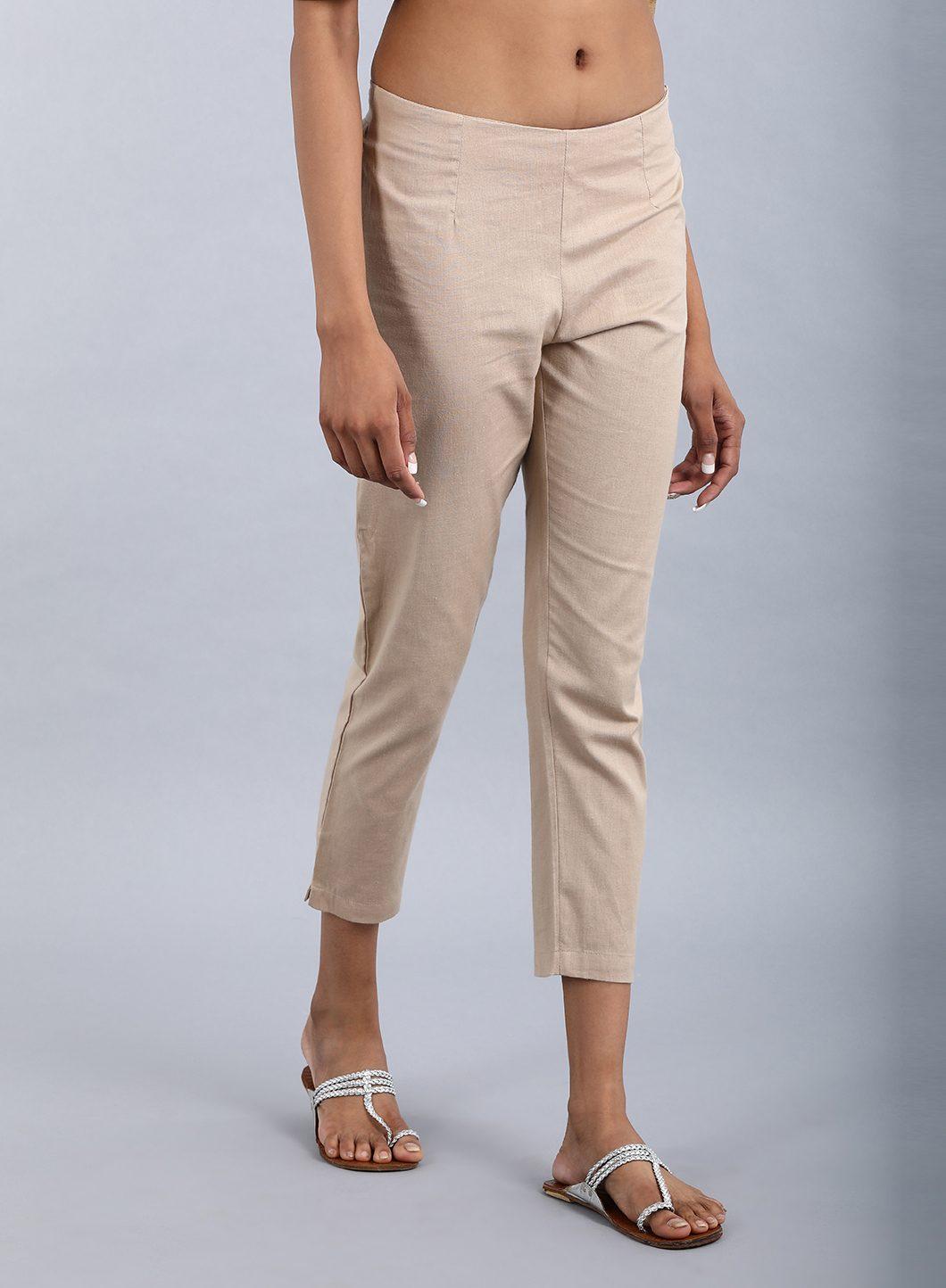 W for Woman Beige Ankle-Length Trousers