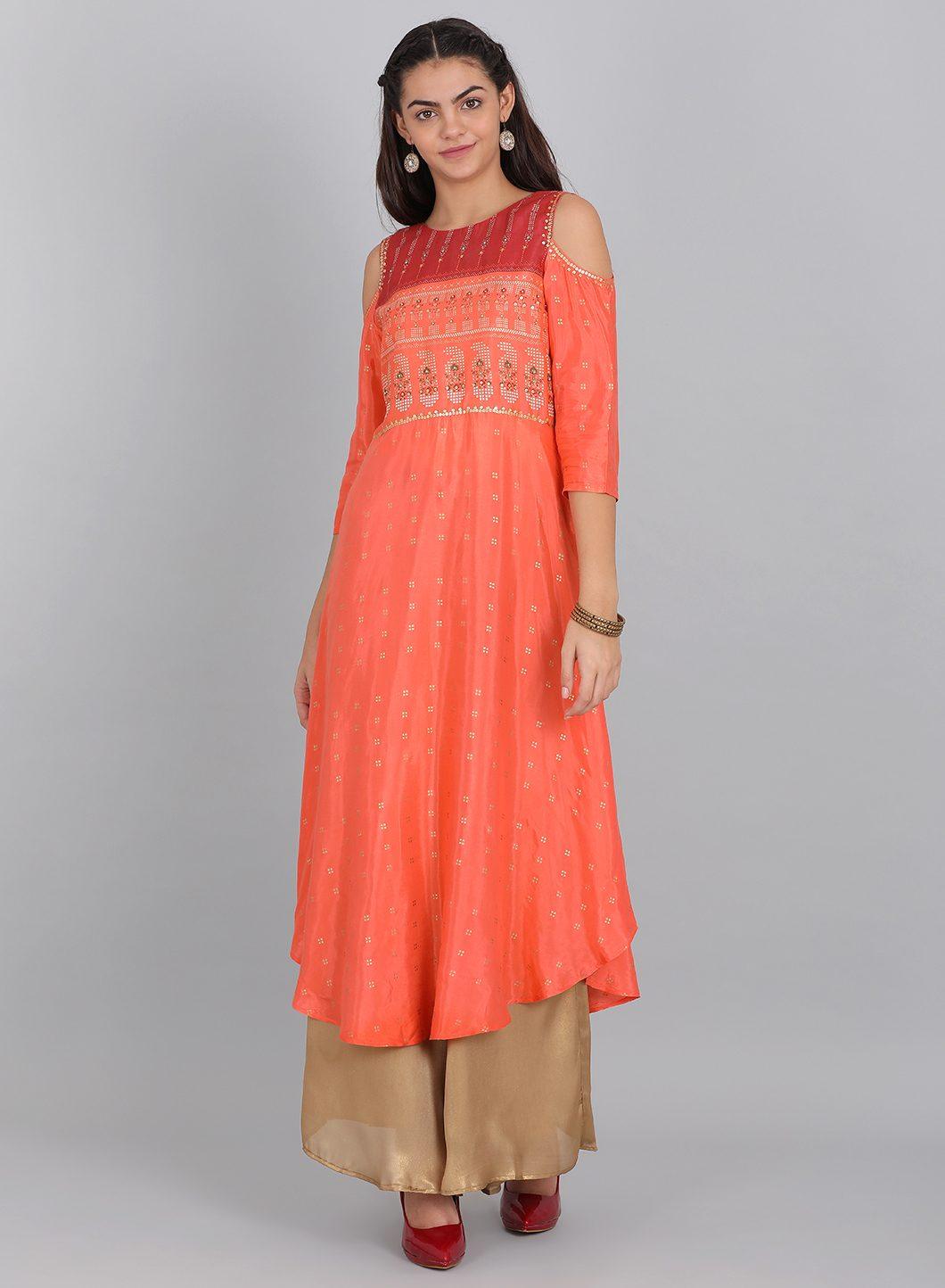 W for Woman Orange Embellished Cut-Out Sleeves kurta