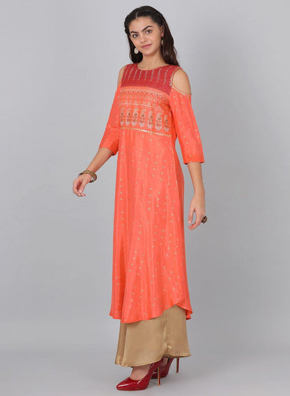 W for Woman Orange Embellished Cut-Out Sleeves kurta