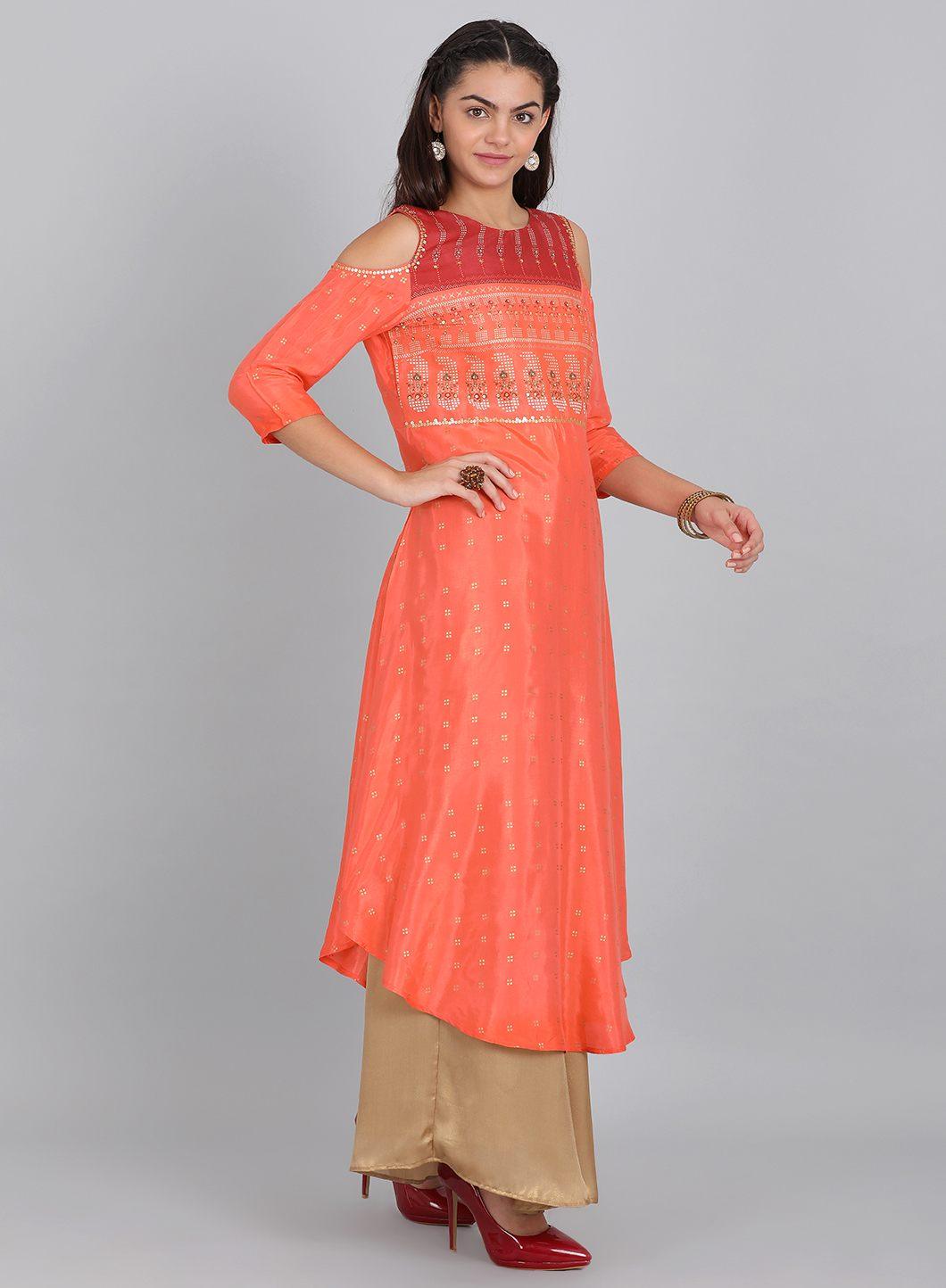 W for Woman Orange Embellished Cut-Out Sleeves kurta